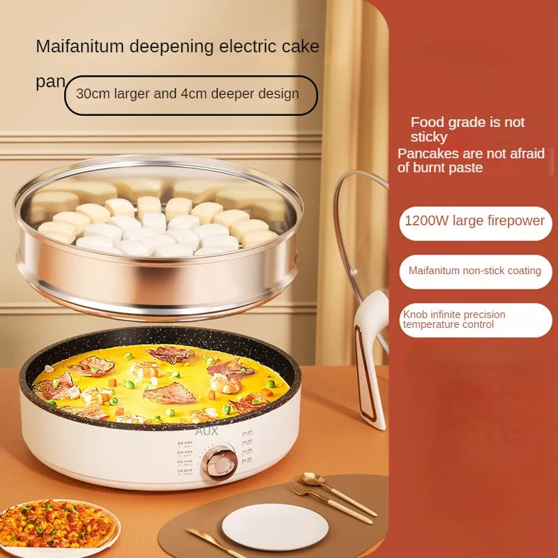 220V Deep Non-Stick Electric Skillets with Automatic Pancake Maker Pizza Baking Pan for Home Cooking Multi Cooker