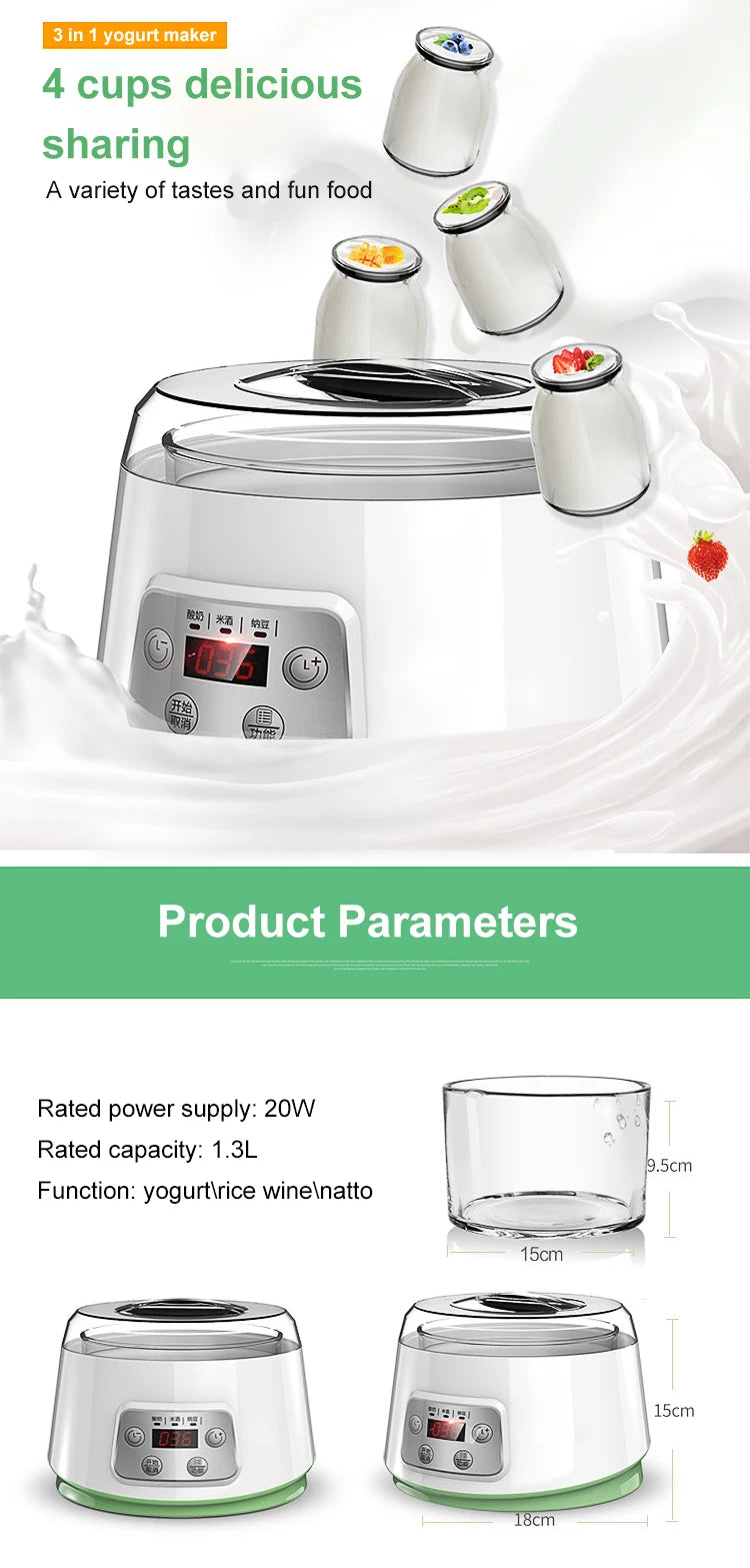 1.3L Automatic Yogurt Machine Constant Temperature Fermentation Rice Wine Machine Natto Machine Glass Liner 3 in 1 Yogurt Maker