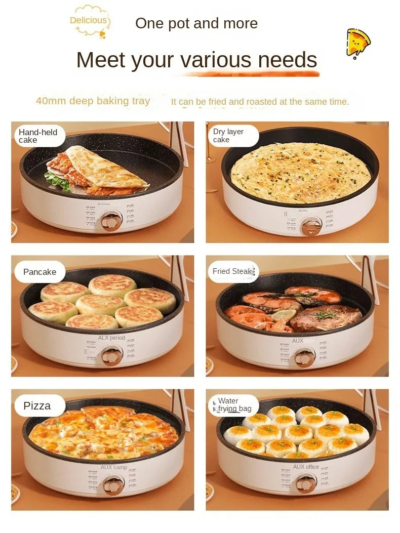 220V Deep Non-Stick Electric Skillets with Automatic Pancake Maker Pizza Baking Pan for Home Cooking Multi Cooker
