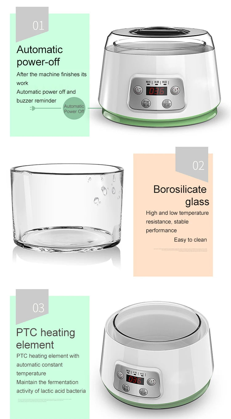 1.3L Automatic Yogurt Machine Constant Temperature Fermentation Rice Wine Machine Natto Machine Glass Liner 3 in 1 Yogurt Maker