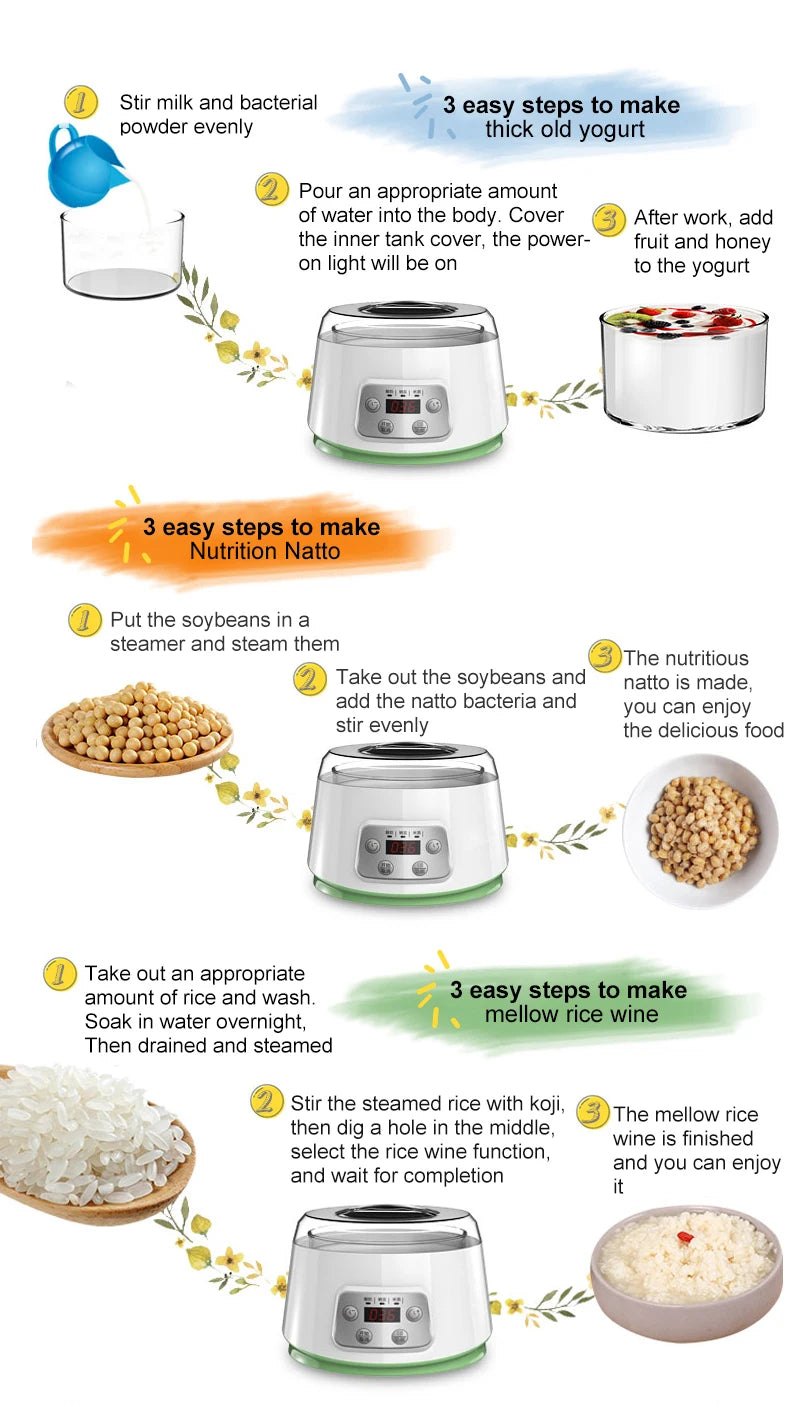 1.3L Automatic Yogurt Machine Constant Temperature Fermentation Rice Wine Machine Natto Machine Glass Liner 3 in 1 Yogurt Maker