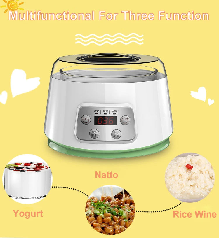1.3L Automatic Yogurt Machine Constant Temperature Fermentation Rice Wine Machine Natto Machine Glass Liner 3 in 1 Yogurt Maker